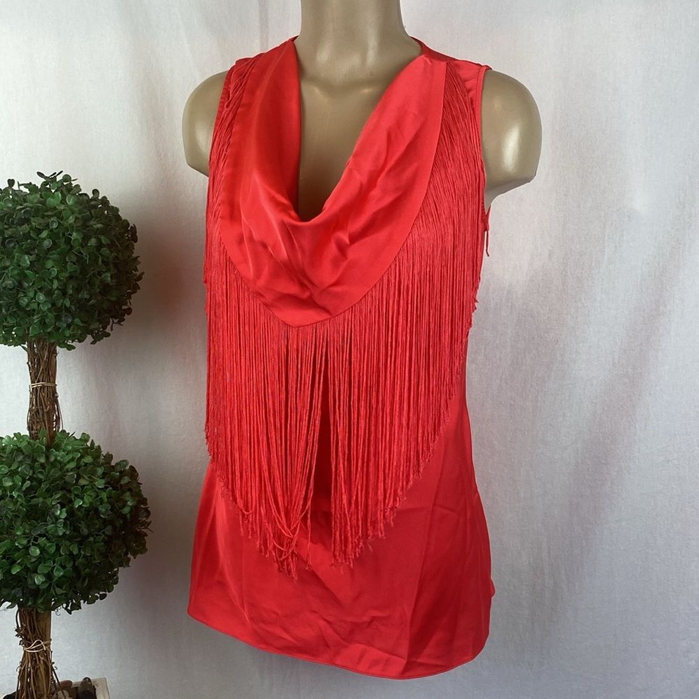 Boston Proper Red Sleeveless Fringe Accent Drape Bodice Blouse Top 6 - Picture 2 of 5